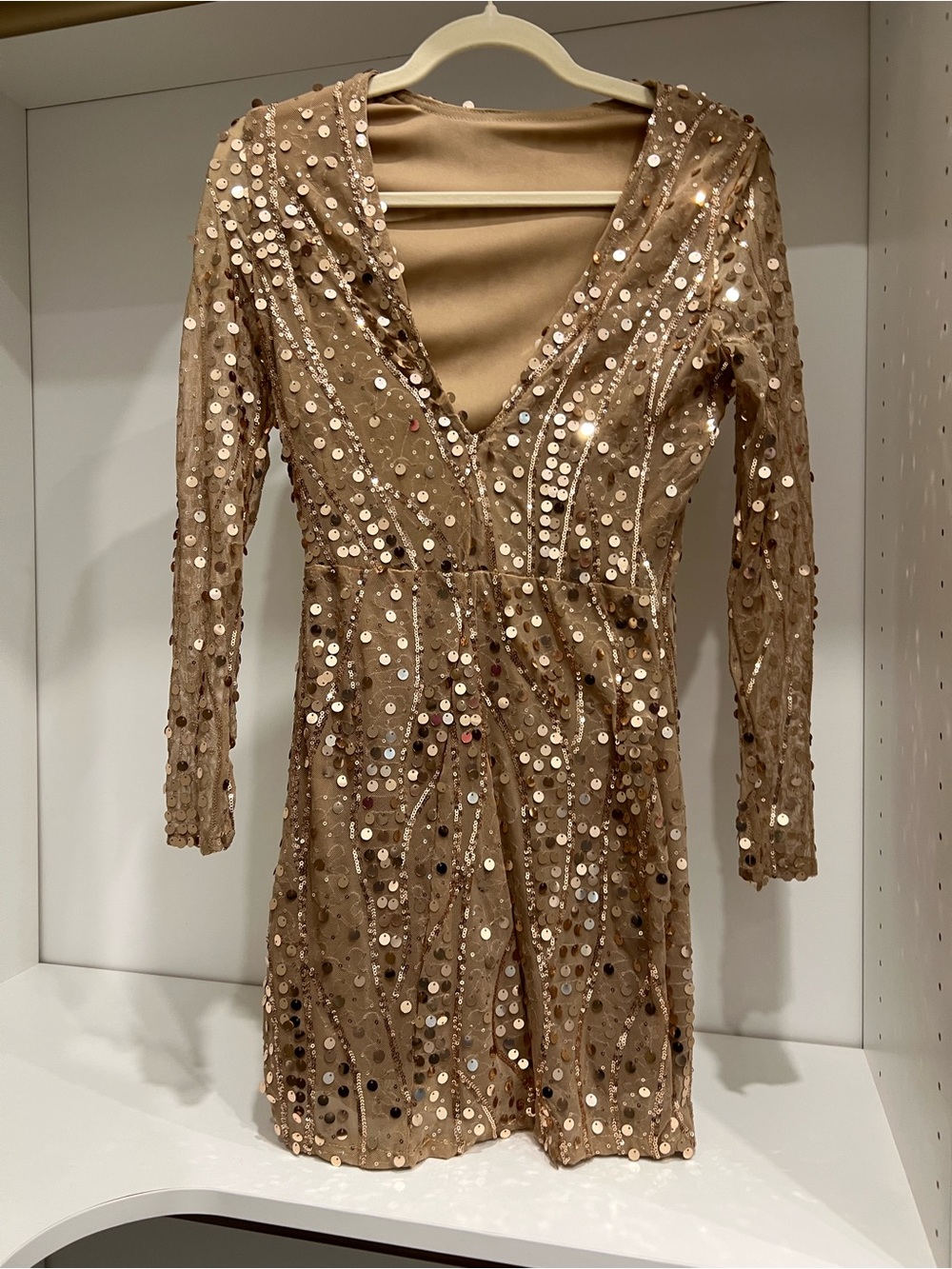 Sequined V-Neck Long Sleeve Mini Dress - Nude/Champagne